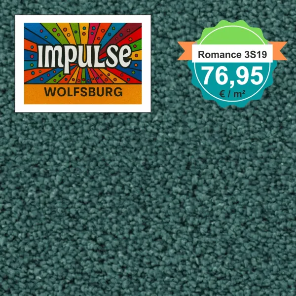 Teppichmuster mit Label „Impulse WOLFSBURG“ und Badge „Romance 3S19 – 76,95 €/m²“